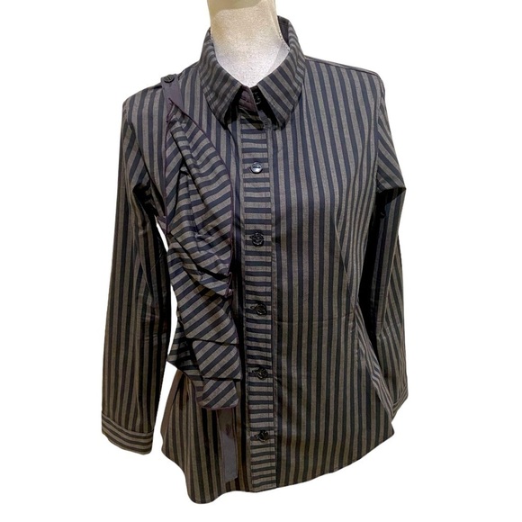 Aimee G gray striped shirt ruched front button embellishment made in NY large - Picture 1 of 12